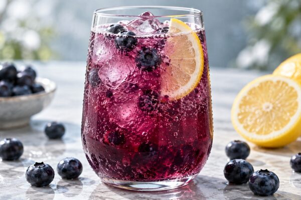 Blaubeer-Zitronen-Fizz: Fertiges Getränk als zentrales Hauptmotiv.