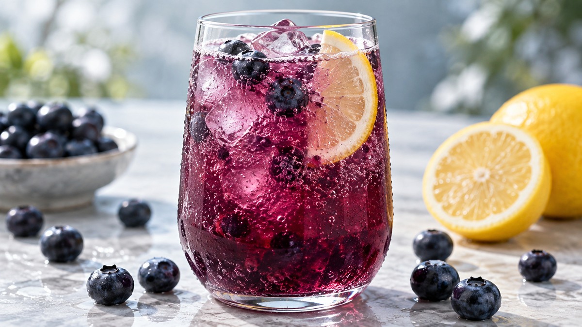 Blaubeer-Zitronen-Fizz: Fertiges Getränk als zentrales Hauptmotiv.
