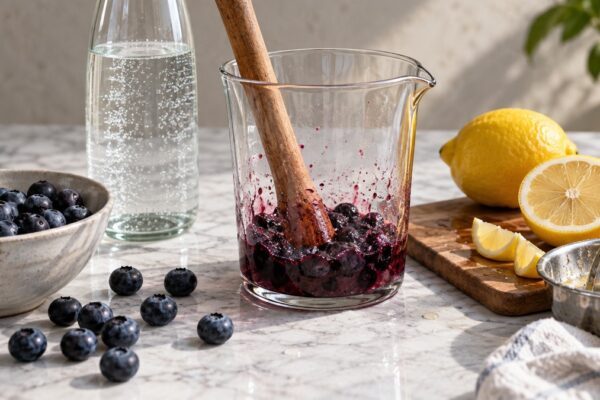 Blaubeer-Zitronen-Fizz: Verwendete Zutaten und nachvollziehbare Vorbereitung.