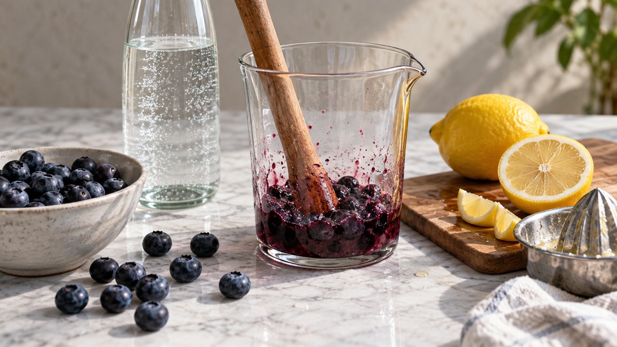 Blaubeer-Zitronen-Fizz: Verwendete Zutaten und nachvollziehbare Vorbereitung.