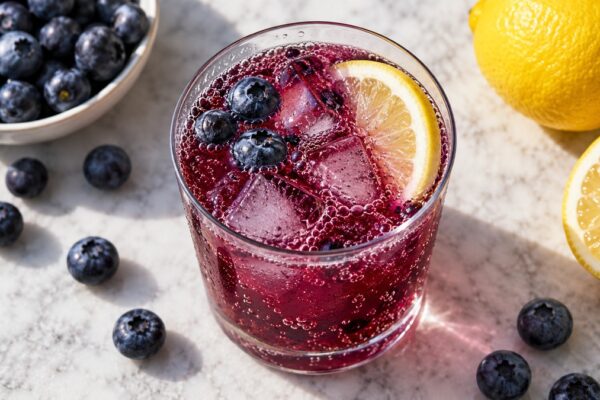 Blaubeer-Zitronen-Fizz: Fertiges Getränk aus einer alternativen Perspektive.