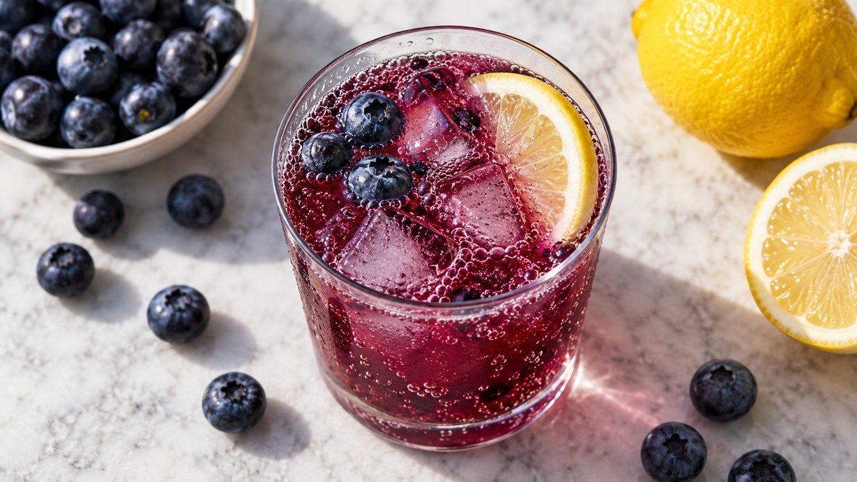 Blaubeer-Zitronen-Fizz: Fertiges Getränk aus einer alternativen Perspektive.