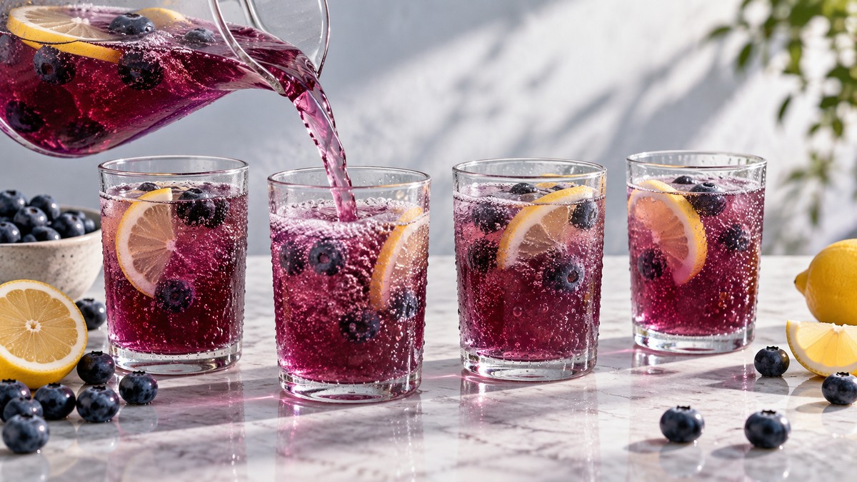 Blaubeer-Zitronen-Fizz: Alternative Anrichtung oder aktive Servierszene.