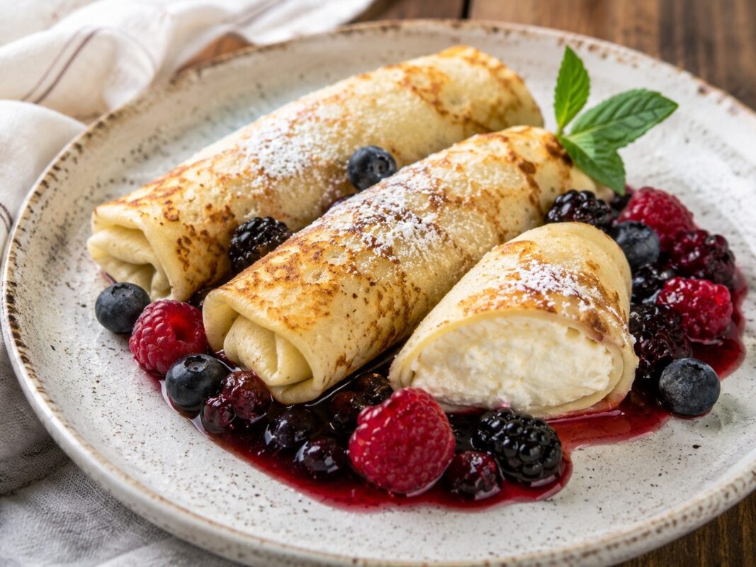 Goldgelbe gefüllte Crêpes mit Quarkfüllung und roten Beeren.