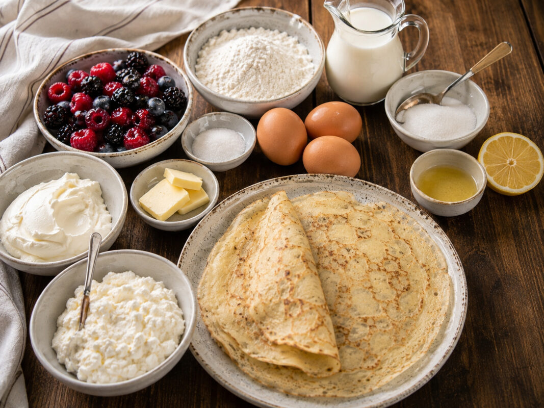 Zutaten- oder Vorbereitungsansicht mit Crêpes, Quark, Frischkäse, gemischten Beeren, Mehl, Eiern, Milch, Zucker, Zitronensaft und Butter.