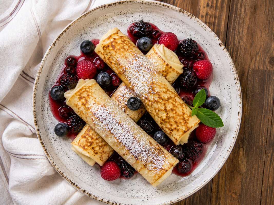 Draufsicht auf mehrere goldgelbe Blintzes mit Quarkfüllung und Beerenkompott auf einem hellen Teller.