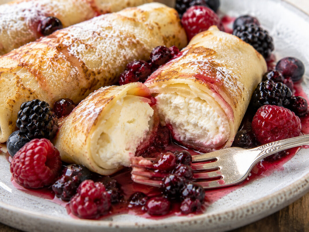 Nahe Detail- und Servieraufnahme von Blintzes mit Quarkfüllung und Beeren, mit sichtbarer cremiger Füllung und Beerenkompott.