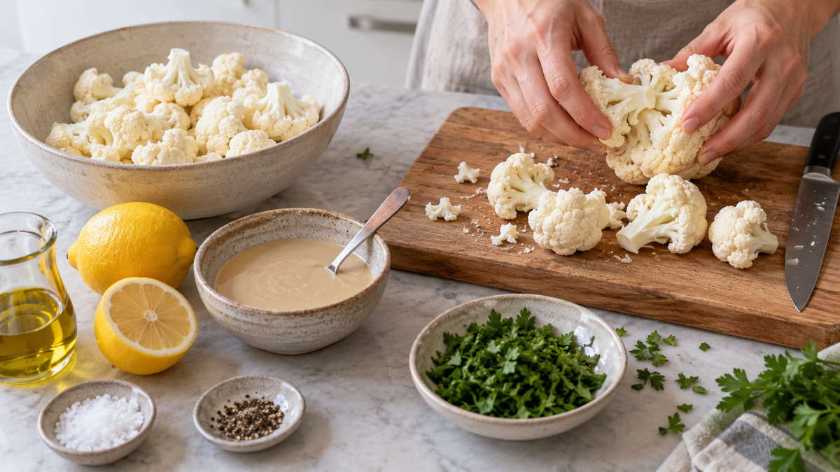 Blumenkohl-Happen mit Zitronen-Tahini-Dip