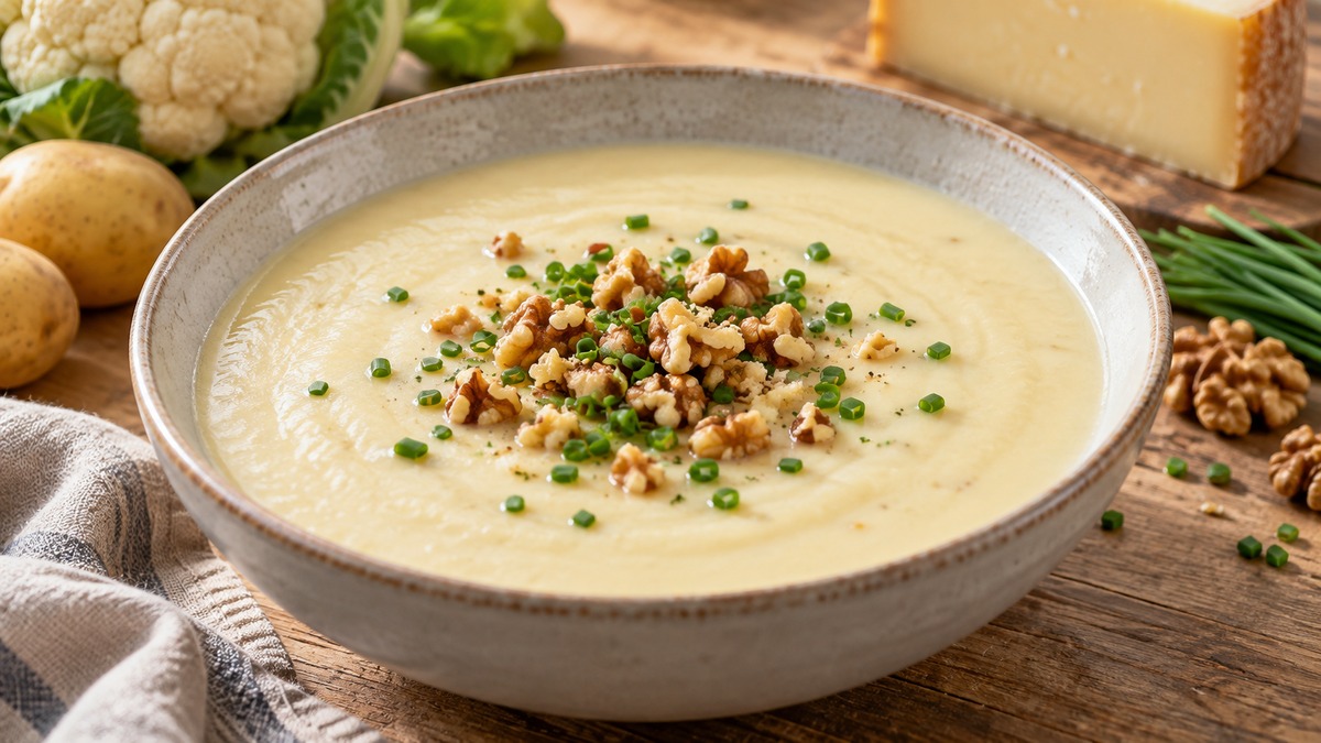 Blumenkohl-Käse-Suppe mit Walnuss-Topping: Fertiges Gericht als Hauptmotiv.