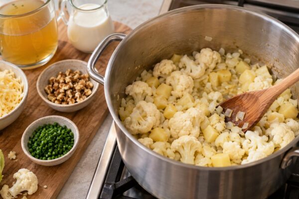 Blumenkohl-Käse-Suppe mit Walnuss-Topping: Zutaten und realer Vorbereitungsschritt.