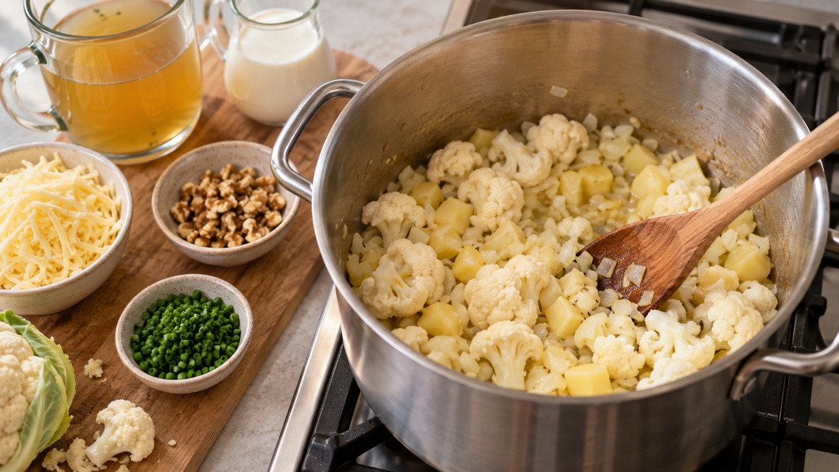 Blumenkohl-Käse-Suppe mit Walnuss-Topping: Zutaten und realer Vorbereitungsschritt.