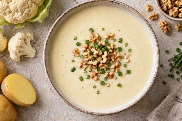 Blumenkohl-Käse-Suppe mit Walnuss-Topping: Fertiges Gericht aus anderer Perspektive.