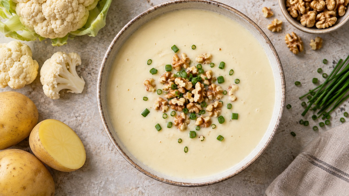 Blumenkohl-Käse-Suppe mit Walnuss-Topping: Fertiges Gericht aus anderer Perspektive.