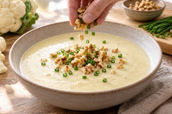 Blumenkohl-Käse-Suppe mit Walnuss-Topping: Aktive Anrichte- oder Servierszene.