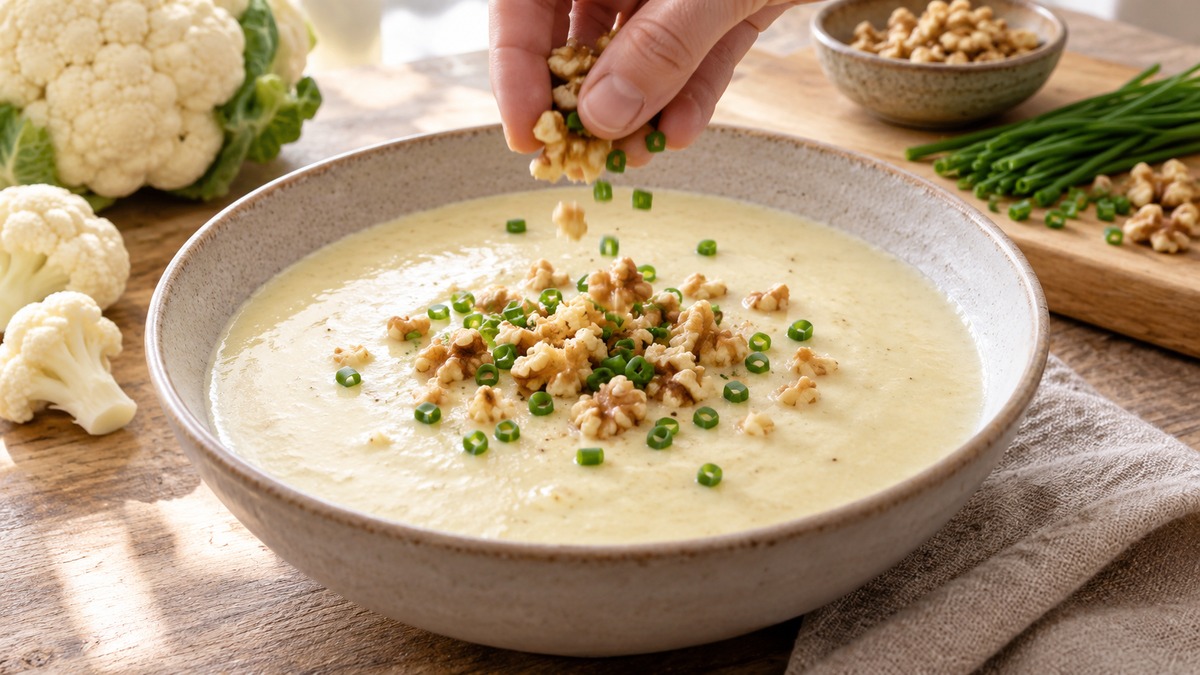 Blumenkohl-Käse-Suppe mit Walnuss-Topping: Aktive Anrichte- oder Servierszene.