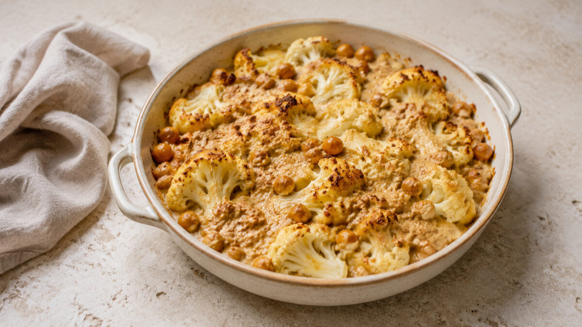 Hauptansicht des fertigen Gerichts. Rezept: Blumenkohl-Kichererbsen-Auflauf mit Tahini-Kruste