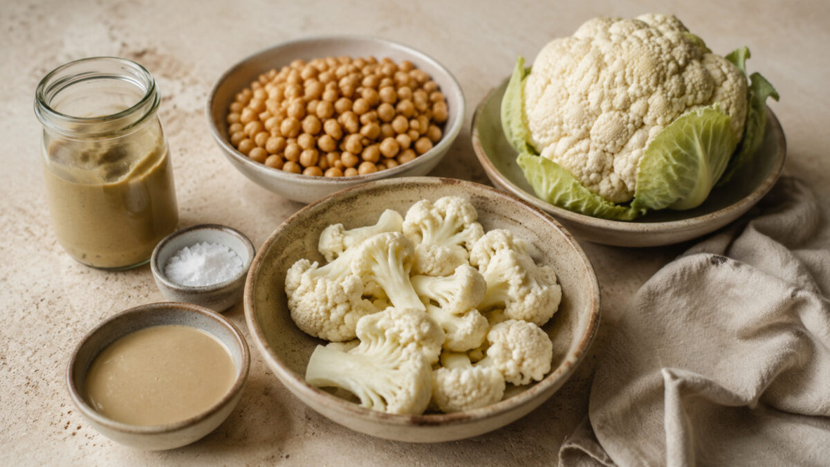 Zutaten- und Vorbereitungsansicht. Rezept: Blumenkohl-Kichererbsen-Auflauf mit Tahini-Kruste