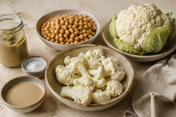 Zutaten- und Vorbereitungsansicht. Rezept: Blumenkohl-Kichererbsen-Auflauf mit Tahini-Kruste