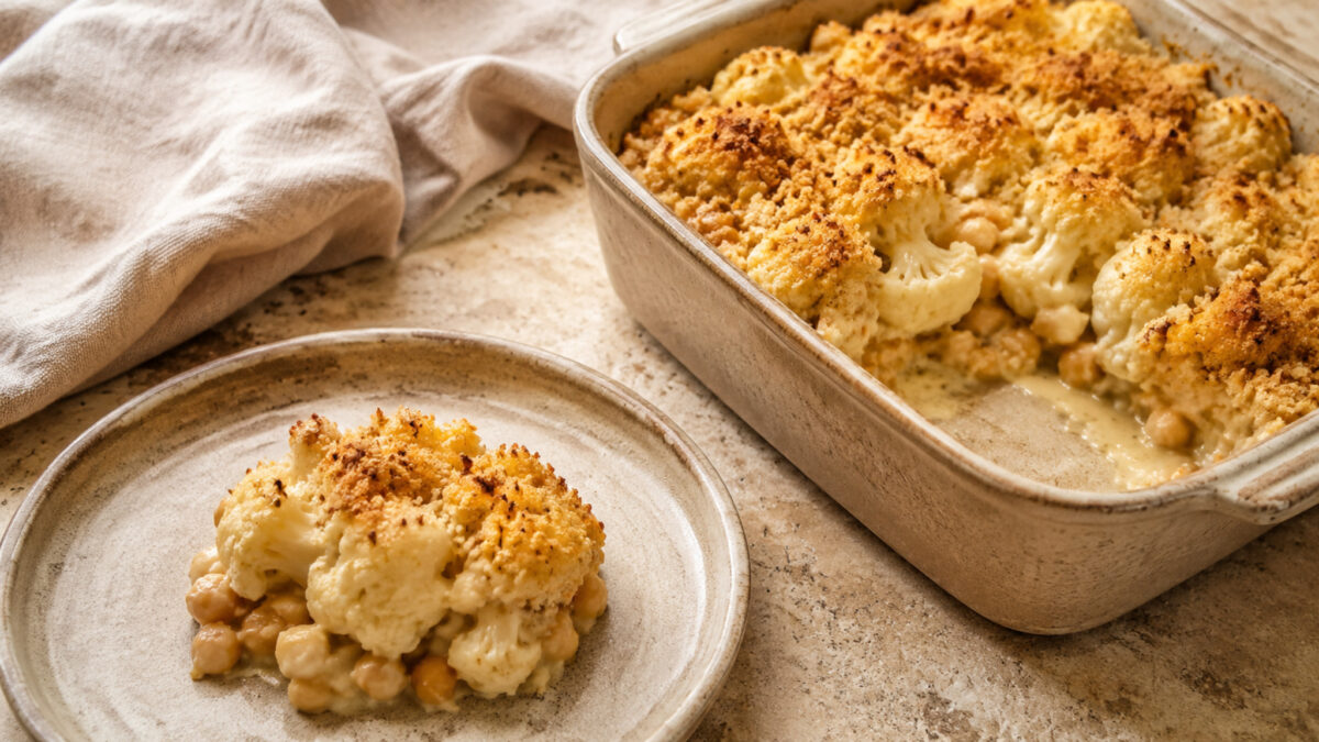 Servierszene mit dem fertigen Gericht. Rezept: Blumenkohl-Kichererbsen-Auflauf mit Tahini-Kruste