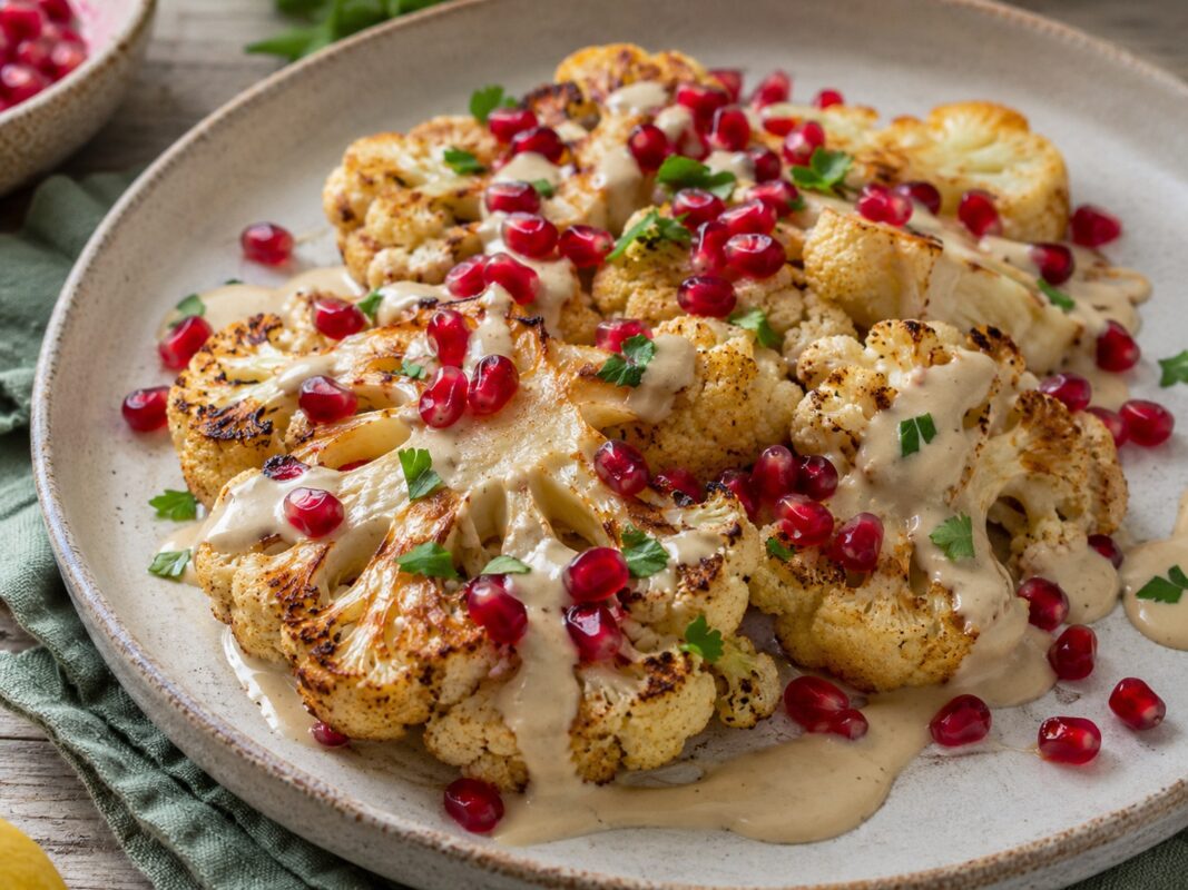 Geröstete Blumenkohlröschen und -scheiben auf hellem Teller, mit cremiger Tahini-Sauce, Granatapfelkernen und Petersilie.