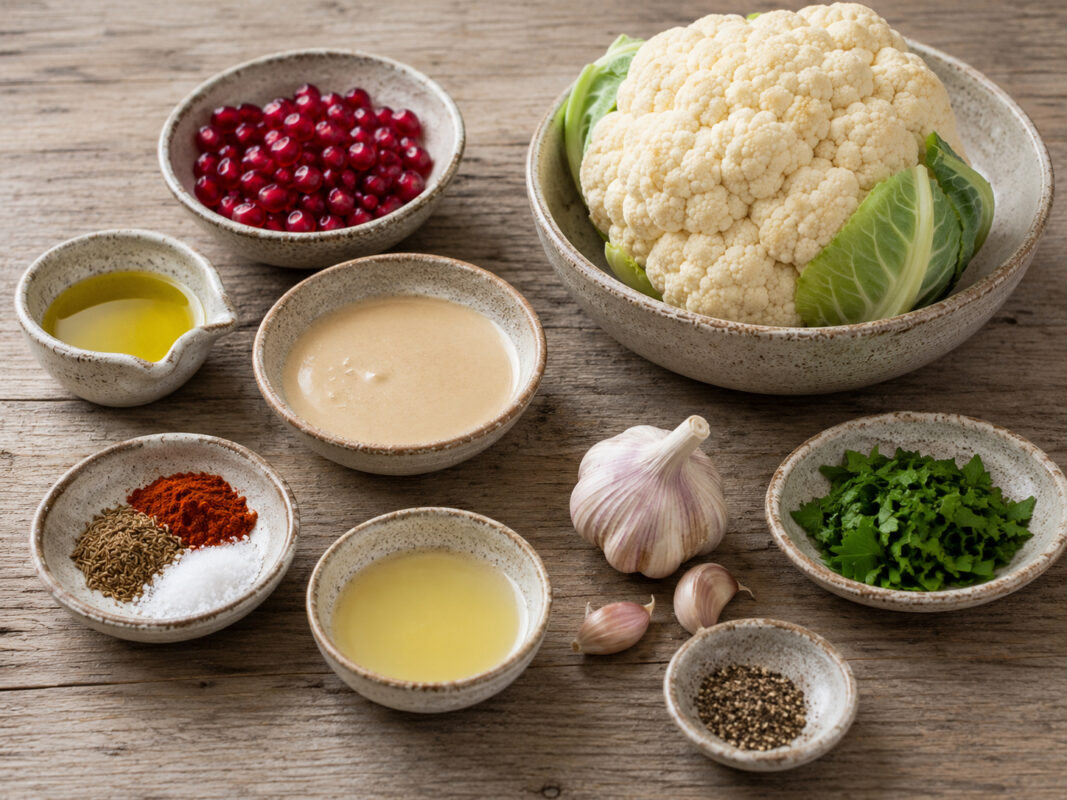 Zutaten- und Vorbereitungsansicht mit Blumenkohl, Olivenöl, Kreuzkümmel, Paprikapulver, Salz, Pfeffer, Tahini, Zitronensaft, Knoblauch, Granatapfelkernen und Petersilie.