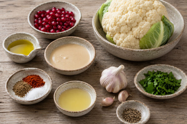 Zutaten- und Vorbereitungsansicht mit Blumenkohl, Olivenöl, Kreuzkümmel, Paprikapulver, Salz, Pfeffer, Tahini, Zitronensaft, Knoblauch, Granatapfelkernen und Petersilie.