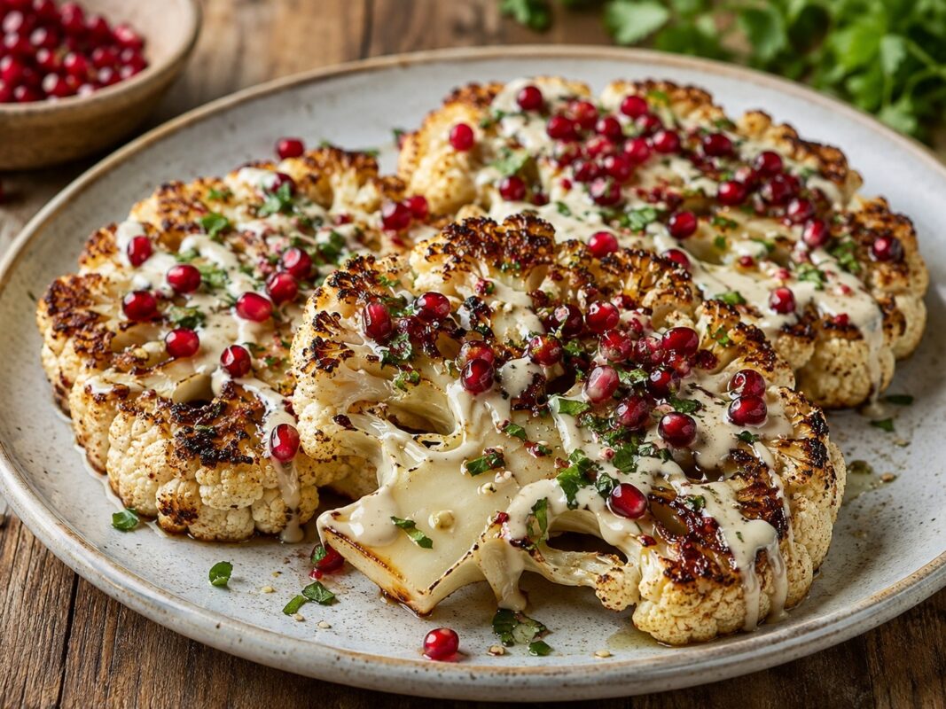 Goldbraun geröstete Blumenkohl-Steaks mit Tahini-Sauce und Granatapfelkernen.