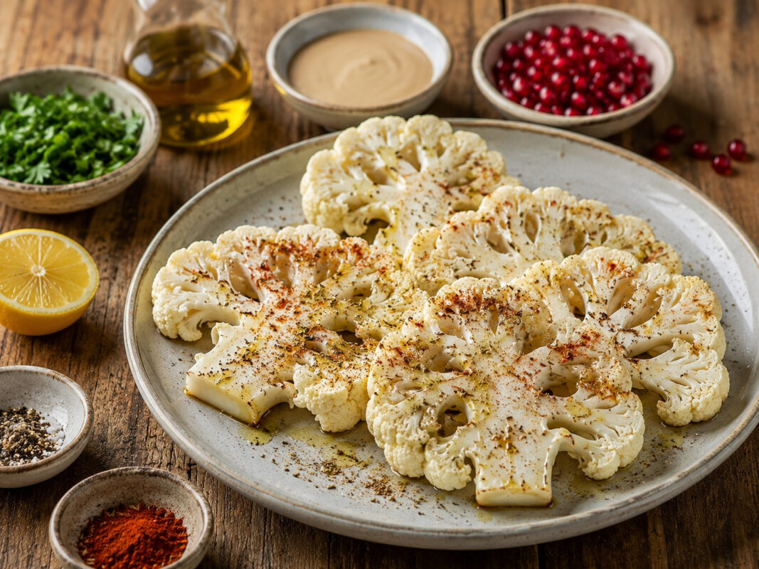 Zutaten- oder Vorbereitungsansicht mit rohen Blumenkohl-Steaks, Olivenöl, Kreuzkümmel, Paprikapulver, Tahini, Zitronensaft, Granatapfelkernen, Petersilie, Salz und Pfeffer.