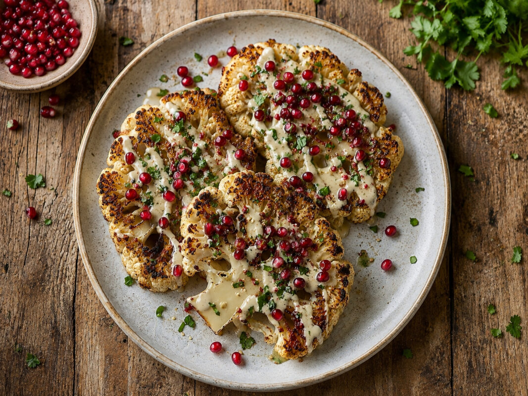 Fertiges Gericht aus deutlich anderer Perspektive: goldbraun geröstete Blumenkohl-Steaks mit Tahini-Sauce und Granatapfelkernen auf demselben hellen Teller.