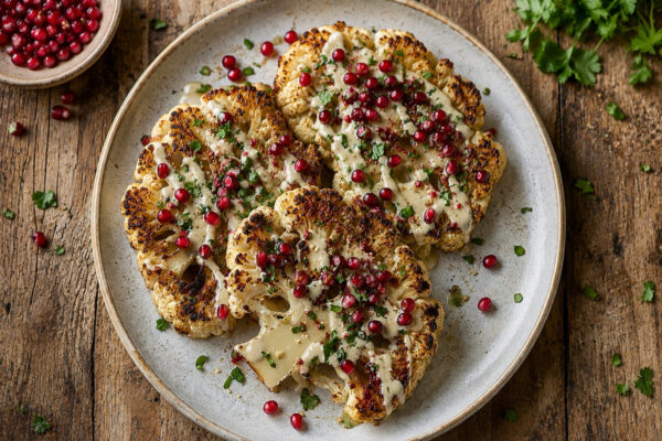 Fertiges Gericht aus deutlich anderer Perspektive: goldbraun geröstete Blumenkohl-Steaks mit Tahini-Sauce und Granatapfelkernen auf demselben hellen Teller.