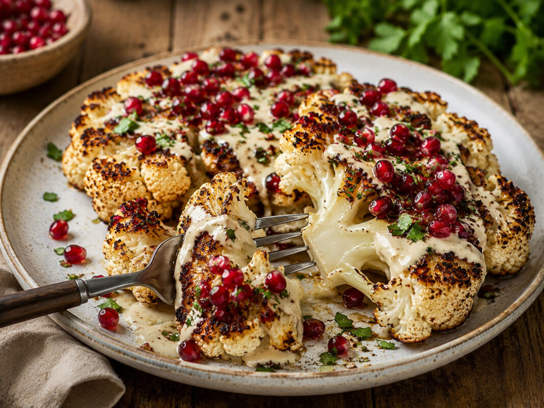 Alternative Servier- und Detailaufnahme der fertig gerösteten Blumenkohl-Steaks mit Tahini und Granatapfel, mit einer Gabel und Fokus auf Textur und Garnitur.