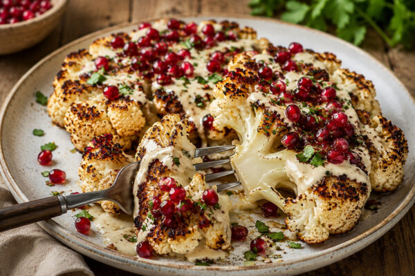 Alternative Servier- und Detailaufnahme der fertig gerösteten Blumenkohl-Steaks mit Tahini und Granatapfel, mit einer Gabel und Fokus auf Textur und Garnitur.