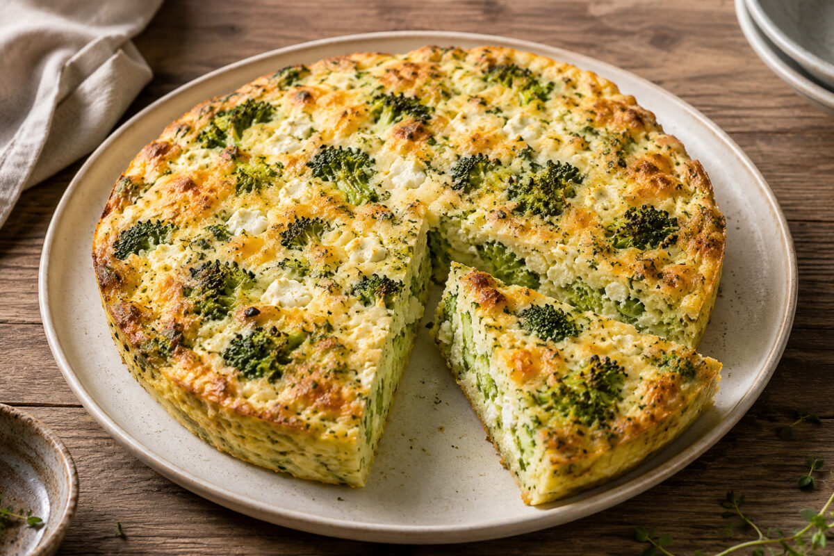 Fertige bodenlose Brokkoli-Feta-Quiche als Hauptansicht mit goldbrauner Oberfläche, sichtbaren Brokkoliröschen und Feta; ein Stück ist herausgeschnitten.