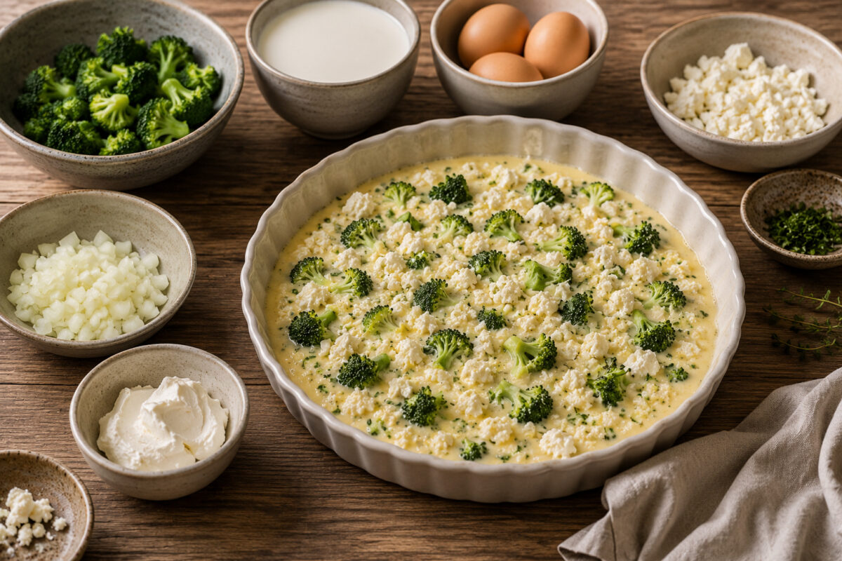 Zutaten- und Vorbereitungsansicht mit Brokkoli, Feta, Eiern, Milch, Frischkäse und Zwiebel sowie der ungebackenen Quichemasse in einer runden Form.