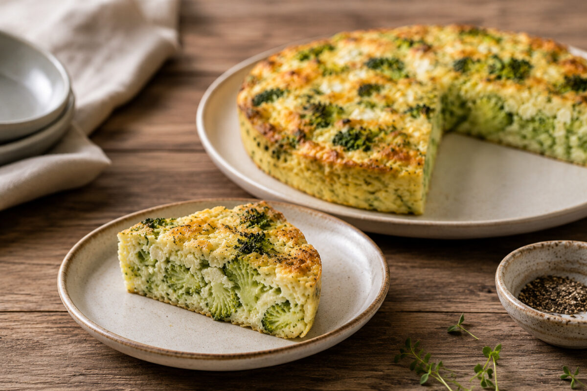 Fertige bodenlose Brokkoli-Feta-Quiche aus deutlich anderer Perspektive mit einem separat angerichteten Stück und sichtbarer Brokkoli-Feta-Füllung.