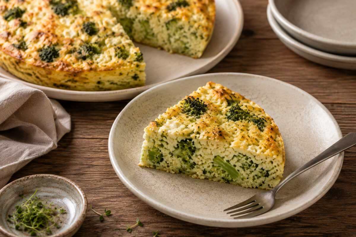 Servierszene mit angerichtetem Stück der bodenlosen Brokkoli-Feta-Quiche im Vordergrund und der restlichen Quiche im Hintergrund.