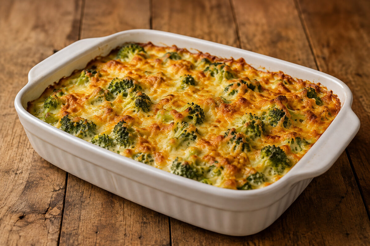 Fertiger Brokkoli-Käse-Auflauf in weißer Keramikform mit sichtbaren Brokkoliröschen und goldbrauner Käsekruste.