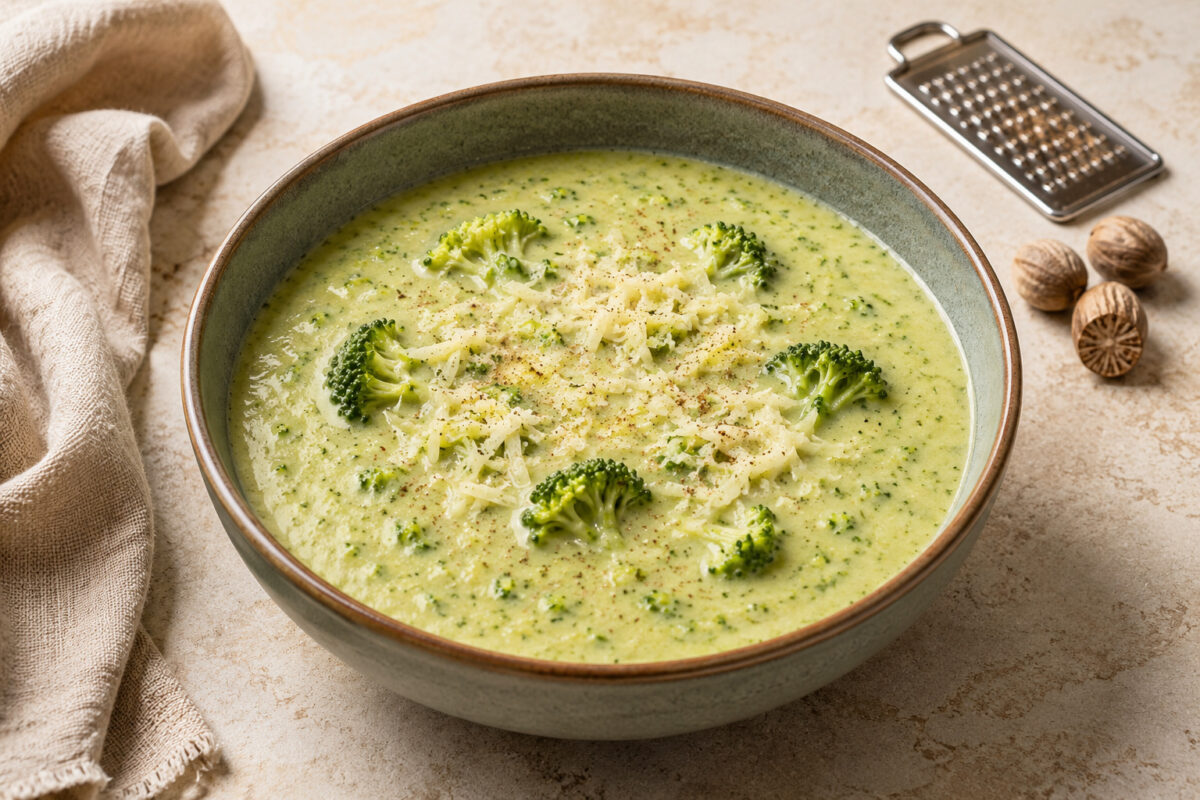 Cremige Brokkoli-Käse-Suppe in einer Keramikschale, garniert mit Brokkoliröschen, geriebenem Käse und frisch geriebener Muskatnuss.