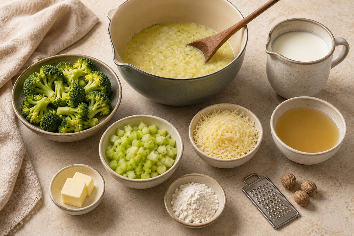 Vorbereitung für Brokkoli-Käse-Suppe mit Brokkoliröschen, gehacktem Gemüse, geriebenem Käse, Butter, Mehl, Milch, Brühe und Muskatnuss.