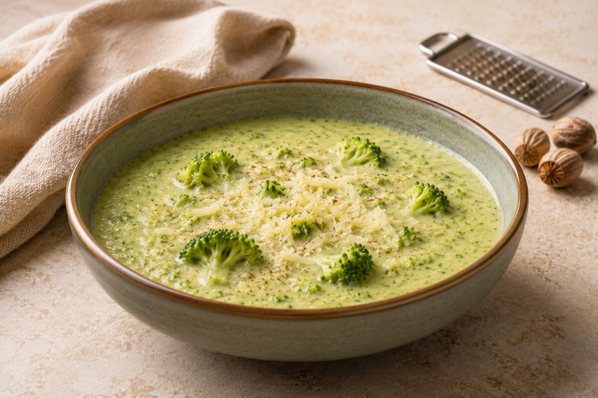 Fertig angerichtete Brokkoli-Käse-Suppe mit Brokkoliröschen, geriebenem Käse und Muskat in einer flachen Keramikschale.