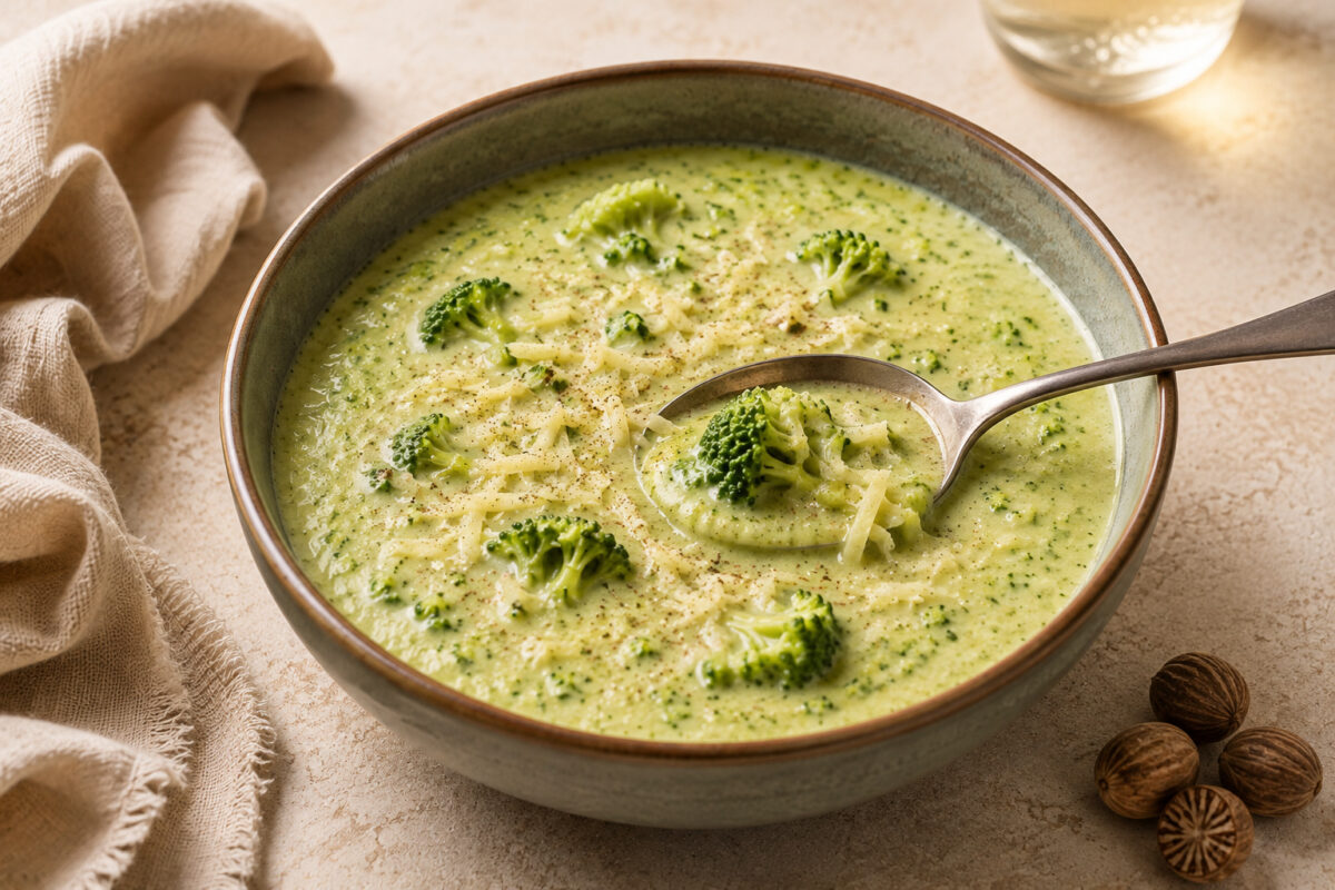 Brokkoli-Käse-Suppe mit Brokkoliröschen und Käse; ein Löffel hebt eine Portion der cremigen Suppe aus der Schale.