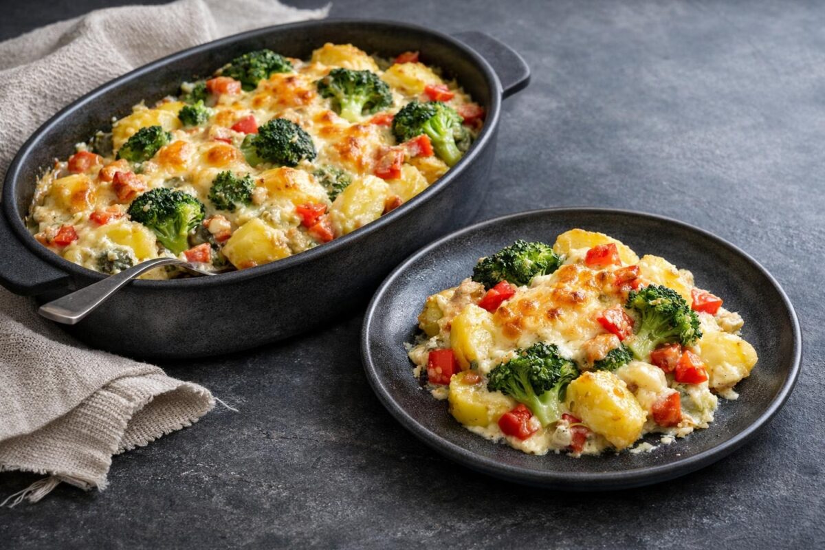 Hauptansicht des fertigen Gerichts. Rezept: Brokkoli-Kartoffel-Auflauf