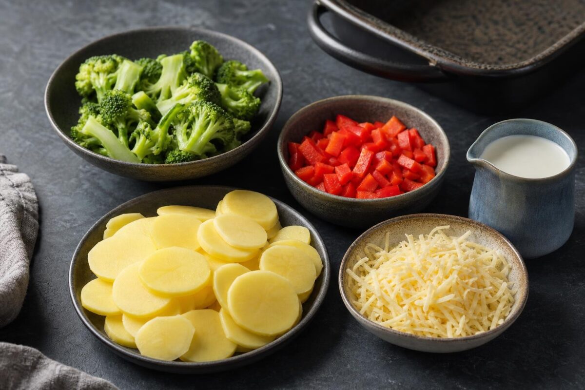 Zutaten- und Vorbereitungsansicht. Rezept: Brokkoli-Kartoffel-Auflauf