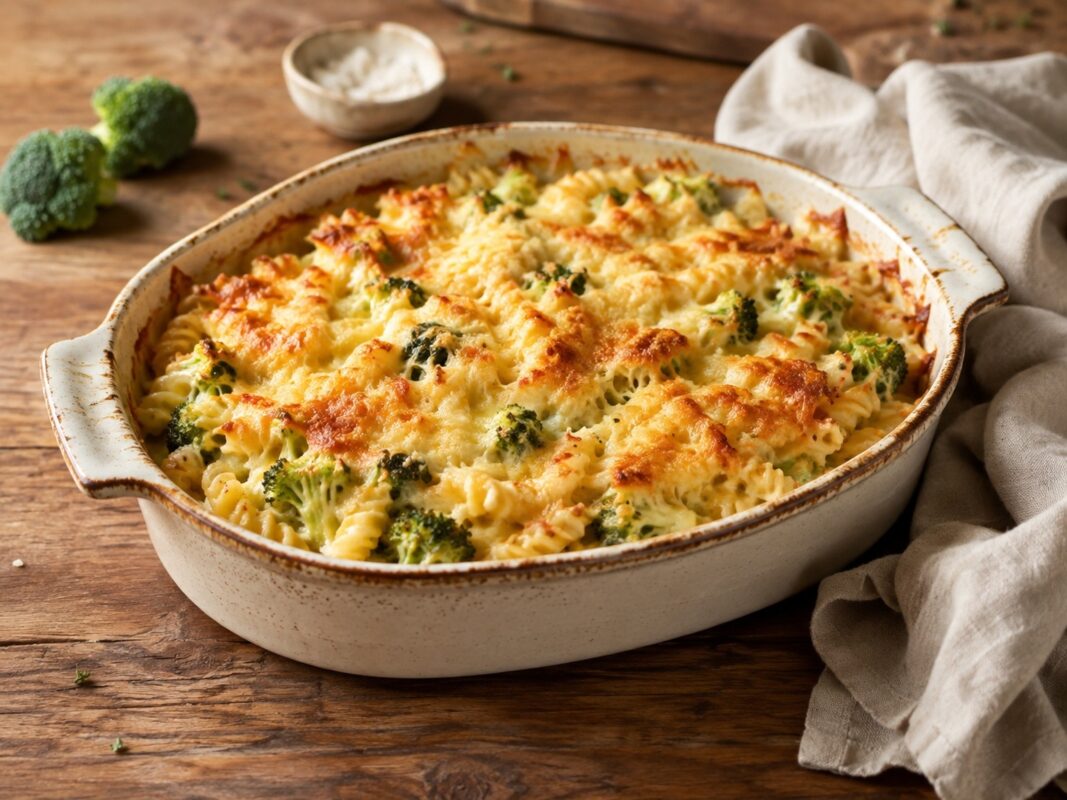 Ein ovaler Keramik-Auflauf mit cremiger Pasta, sichtbaren Brokkoliröschen und goldbrauner Käsekruste.