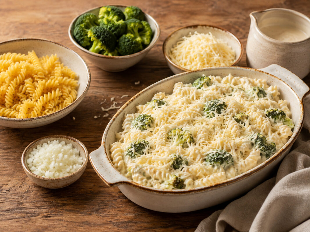 Zutaten- und Vorbereitungsansicht mit Pasta, Brokkoli, Sauce, Käse und Auflaufform.