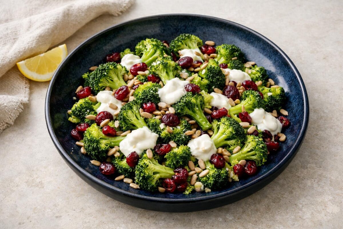 Hauptansicht des fertigen Gerichts. Rezept: Brokkoli-Salat mit Sonnenblumenkernen und Cranberrys