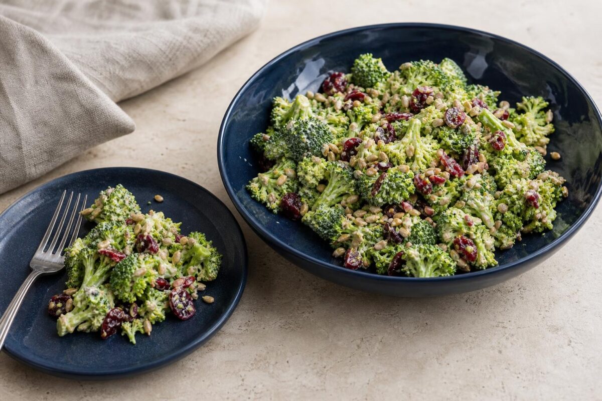 Servierszene mit dem fertigen Gericht. Rezept: Brokkoli-Salat mit Sonnenblumenkernen und Cranberrys