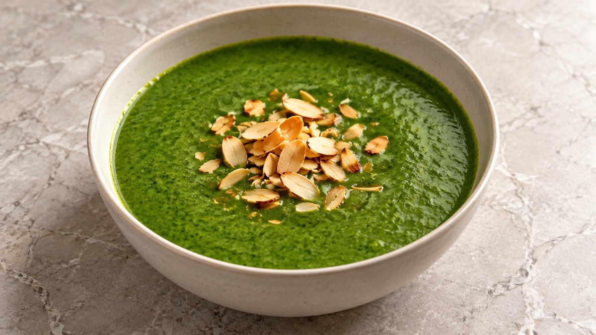 Brokkoli-Spinat-Suppe mit gerösteten Mandeln