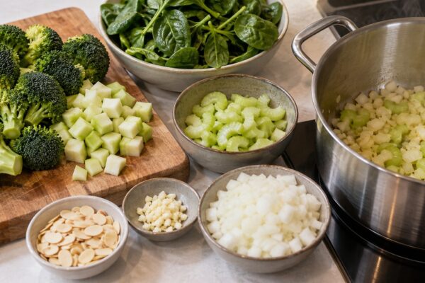 Brokkoli-Spinat-Suppe mit gerösteten Mandeln