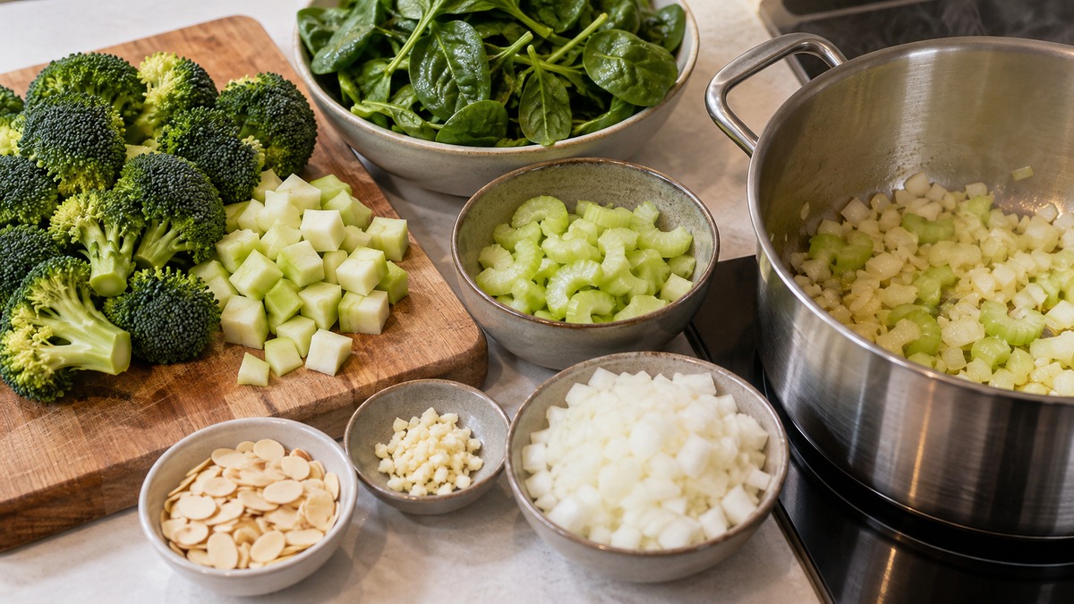 Brokkoli-Spinat-Suppe mit gerösteten Mandeln